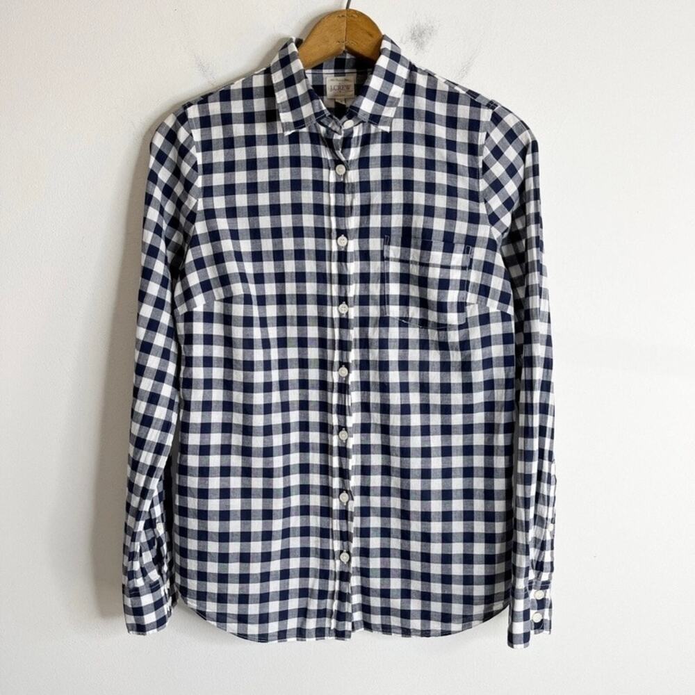 J. Crew Women's The Perfect Shirt XS Gingham Check Navy Blue Button Up Cotton - Picture 3 of 9
